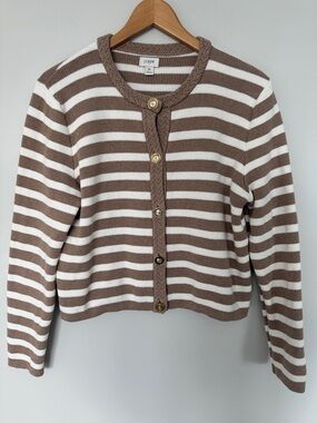 J. Crew Brown and White Striped Cotton Cardigan with Gold Buttons